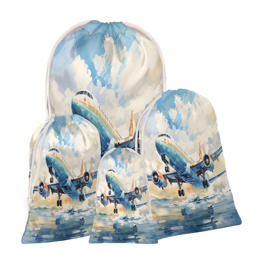 Aglebo Watercolor Airplanes Reusable Christmas Gift Bag Set with Drawstring 21" x 16" Xmas Treats Bags Funny Design for Party Birthday Xmas Presents Wrapping Bags (1 Pack)