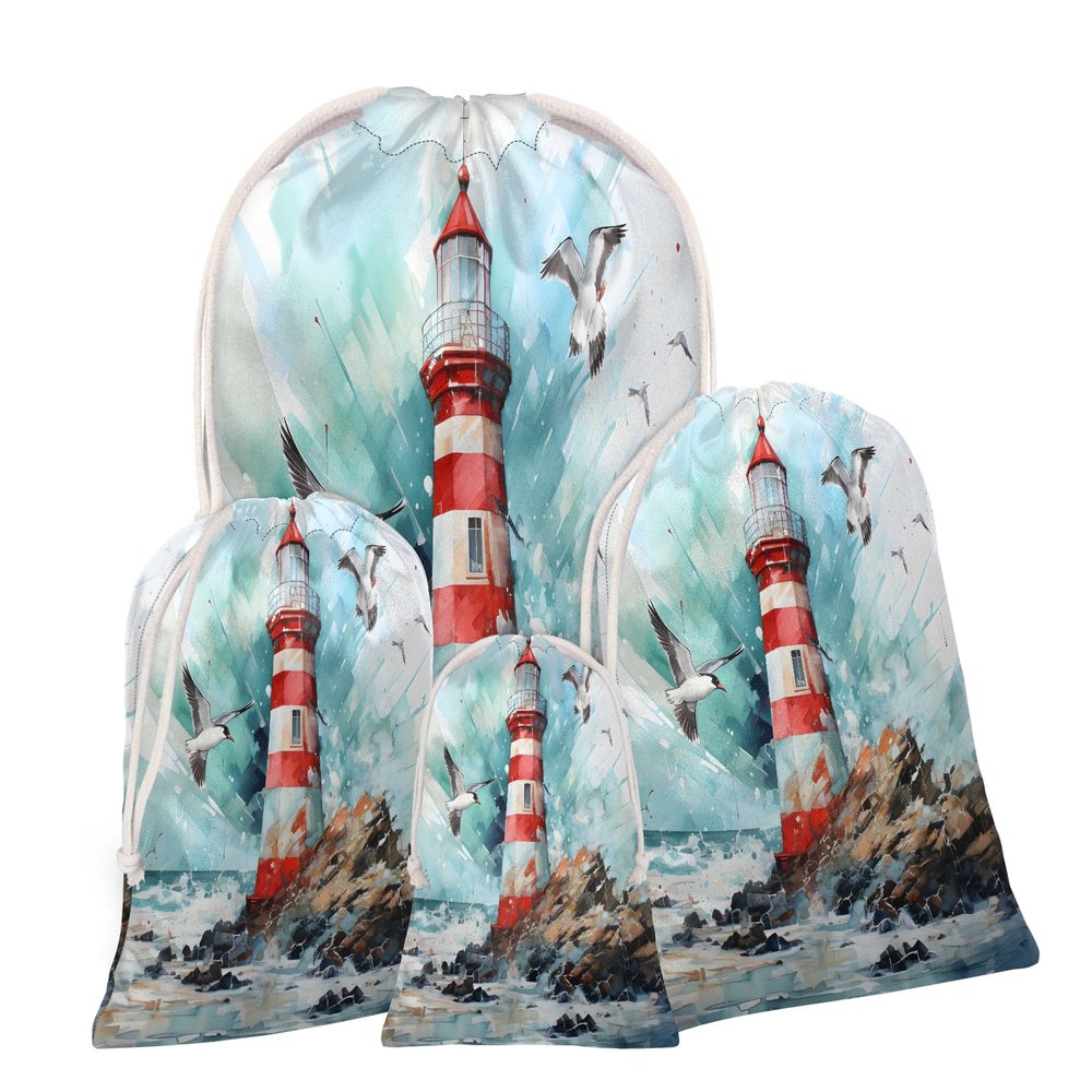 Aglebo Watercolor Lighthouse Birds Reusable Christmas Gift Bag Set with Drawstring 12" x 8" Xmas Treats Bags Funny Design for Party Birthday Xmas Presents Wrapping Bags (1 Pack)