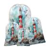 Aglebo Watercolor Lighthouse Birds Reusable Christmas Gift Bag Set with Drawstring 12" x 8" Xmas Treats Bags Funny Design for Party Birthday Xmas Presents Wrapping Bags (1 Pack) view 1