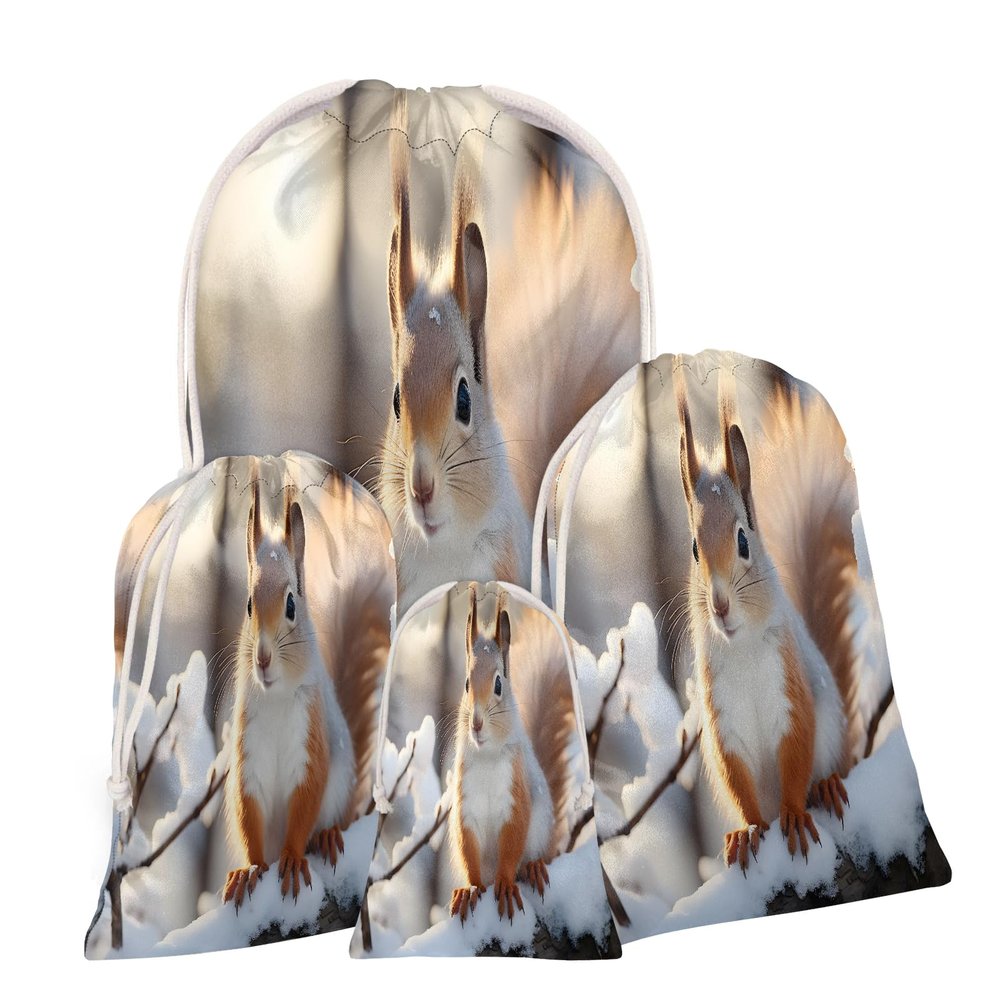 Aglebo Squirrel Snow Reusable Christmas Gift Bag Set with Drawstring 12" x 8" Xmas Treats Bags Funny Design for Party Birthday Xmas Presents Wrapping Bags (1 Pack)