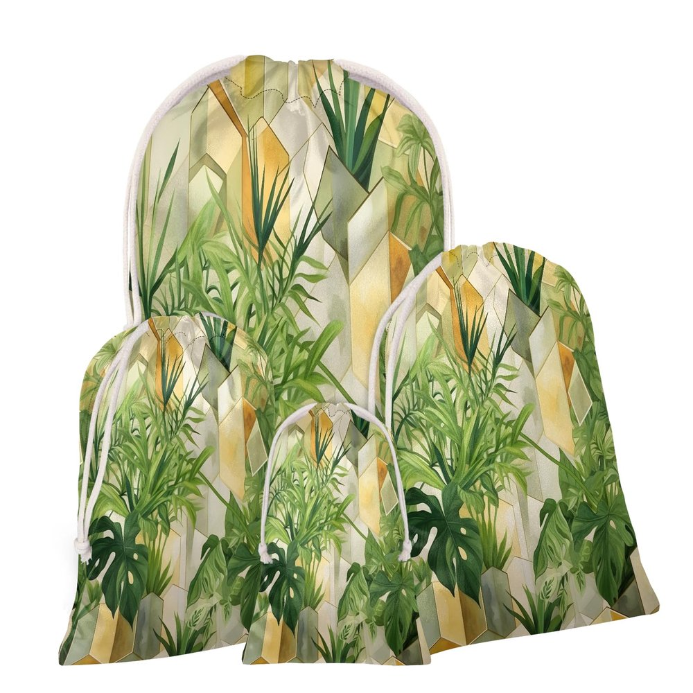 Aglebo Tropical Leaf Geometric Reusable Christmas Gift Bag Set with Drawstring 12" x 8" Xmas Treats Bags Funny Design for Party Birthday Xmas Presents Wrapping Bags (1 Pack)
