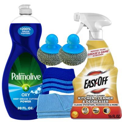 CCLEANAMA Bundle-Easy Off degreaser 16 Fl Oz + Dish Soap 20 Fl Oz, Dish Sponges, Steel Scrubber & Microfiber Cloths.