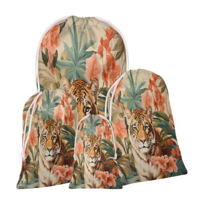 Aglebo Tropical Foliage Flower Tiger Reusable Christmas Gift Bag Set with Drawstring 21" x 16" Xmas Treats Bags Funny Design for Party Birthday Xmas Presents Wrapping Bags (1 Pack)