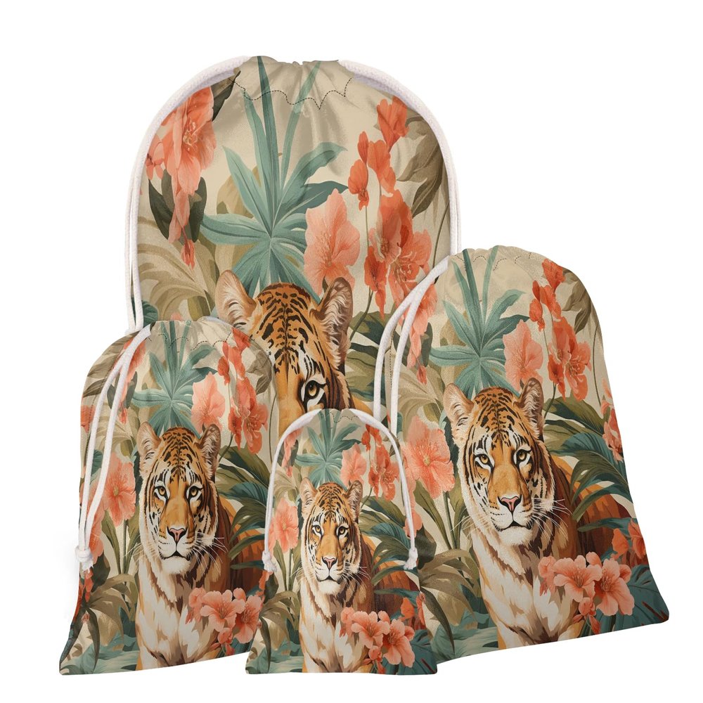 Aglebo Tropical Foliage Flower Tiger Reusable Christmas Gift Bag Set with Drawstring 21" x 16" Xmas Treats Bags Funny Design for Party Birthday Xmas Presents Wrapping Bags (1 Pack)