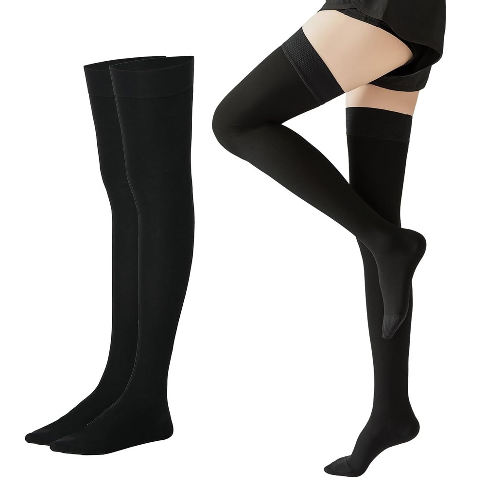 20-30mmHg Thigh High Compression Stockings for Women & Men - Graduated Pressure Socks for Varicose Veins & Circulation (Black, S)