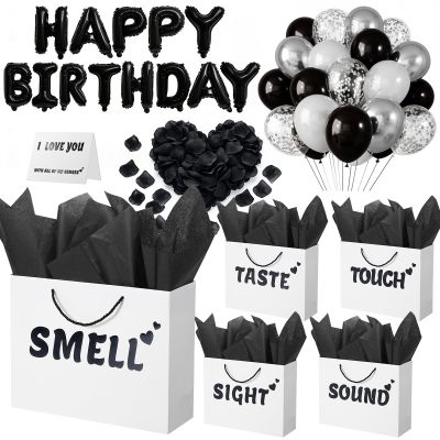 5 Senses Gift Bags for Him with Labels, 12.6"x 9.8"x 4.2" Gift Bag Tissue Paper Happy Birthday Decorations Kit with Banner, Balloons, Rose Petals, Card for Men, Women, Wedding, Valentine's Day