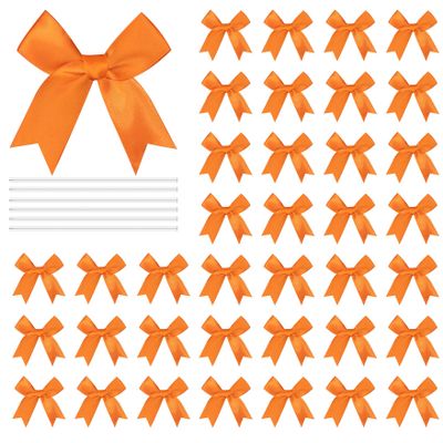100 Pcs Twist Tie Bows Satin Ribbon Bow 3.3 Inch Gift Wrap Bow Craft Bows for Gift Wrapping, Party Decorations Gifts Bag DIY Treat Bags Orange (Orange, 1 Count(Pack of 100))