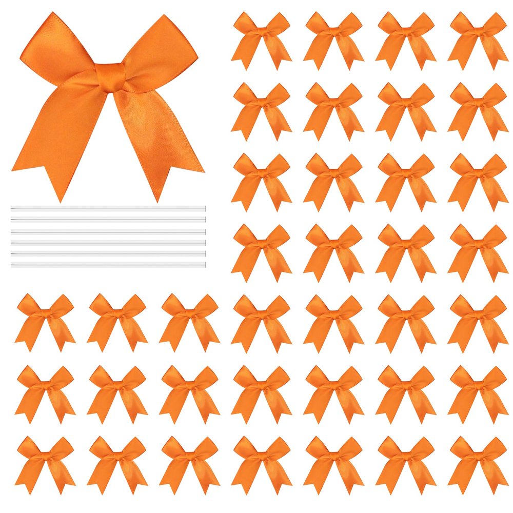 100 Pcs Twist Tie Bows Satin Ribbon Bow 3.3 Inch Gift Wrap Bow Craft Bows for Gift Wrapping, Party Decorations Gifts Bag DIY Treat Bags Orange (Orange, 1 Count(Pack of 100))