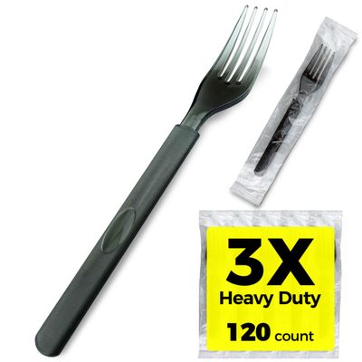 [120 Count] 3X Heavy Duty Black Plastic Forks Individually Wrapped, Sturdy Like Silverware, Elgant and Durable Cultery, Ideal for Large Gathering, Parties, Restaurant and Catering Use.