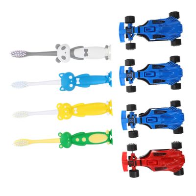 Healvian 4 Sets Manual Toothbrush with Suction Cup and Racing Cartoon Bristles Tooth Cleaner for Boys and Washable Oral Care Stain Removal and Cavity Prevention