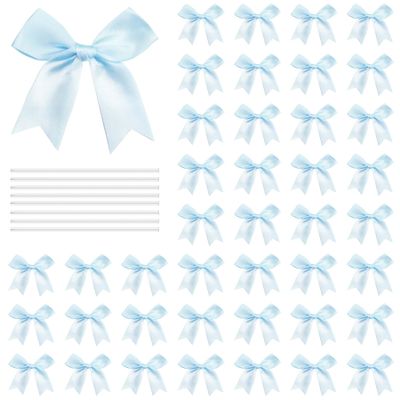 100 Pcs Twist Tie Bows Satin Ribbon Bow 3.3 Inch Gift Wrap Bow Craft Bows for Gift Wrapping, Party Decorations Gifts Bag DIY Treat Bags Light Blue (Light Blue, 1 Count(Pack of 100))