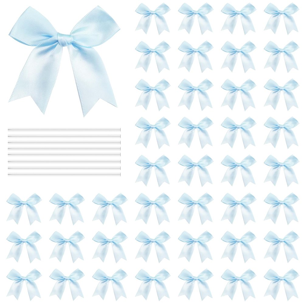 100 Pcs Twist Tie Bows Satin Ribbon Bow 3.3 Inch Gift Wrap Bow Craft Bows for Gift Wrapping, Party Decorations Gifts Bag DIY Treat Bags Light Blue (Light Blue, 1 Count(Pack of 100))