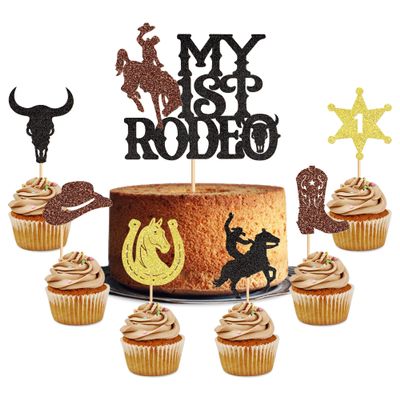 Cyodoos 25Pcs Glitter Cowboy Cake Toppers Western Theme Cupcake Picks with Horseshoes, Hats & Boots for Baby Shower & Boys Birthday Party Decorations