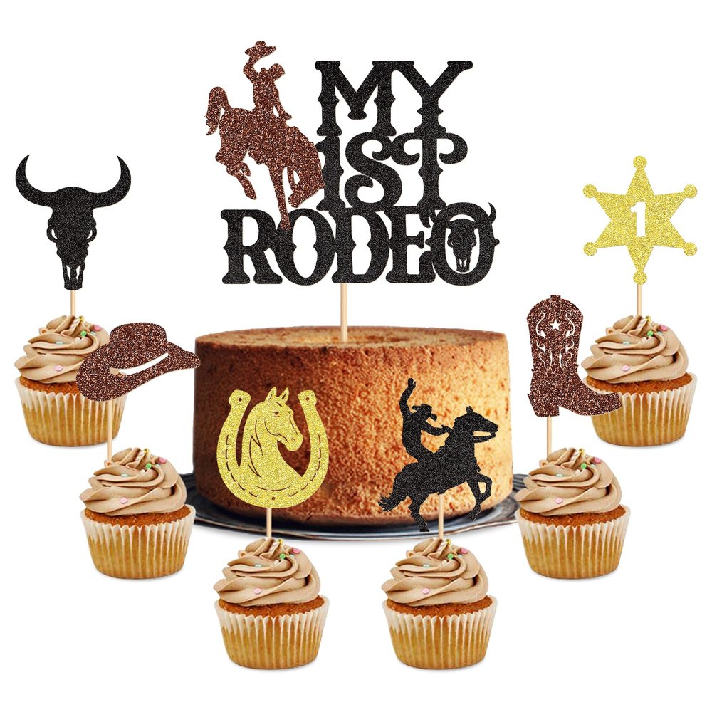 Cyodoos 25Pcs Glitter Cowboy Cake Toppers Western Theme Cupcake Picks with Horseshoes, Hats & Boots for Baby Shower & Boys Birthday Party Decorations