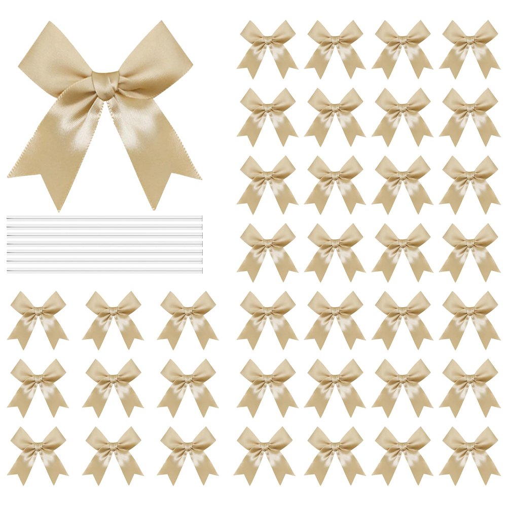 100 Pcs Twist Tie Bows Satin Ribbon Bow 3.3 Inch Gift Wrap Bow Craft Bows for Gift Wrapping, Party Decorations Gifts Bag DIY Treat Bags Golden (Golden, 1 Count(Pack of 100))