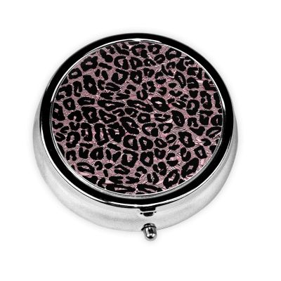 Rose Pink Leopard Print Round Pill Box Small Pill Organizer with 3 Compartments and Mirror, Portable Travel Metal Pill Case Fits in Pocket