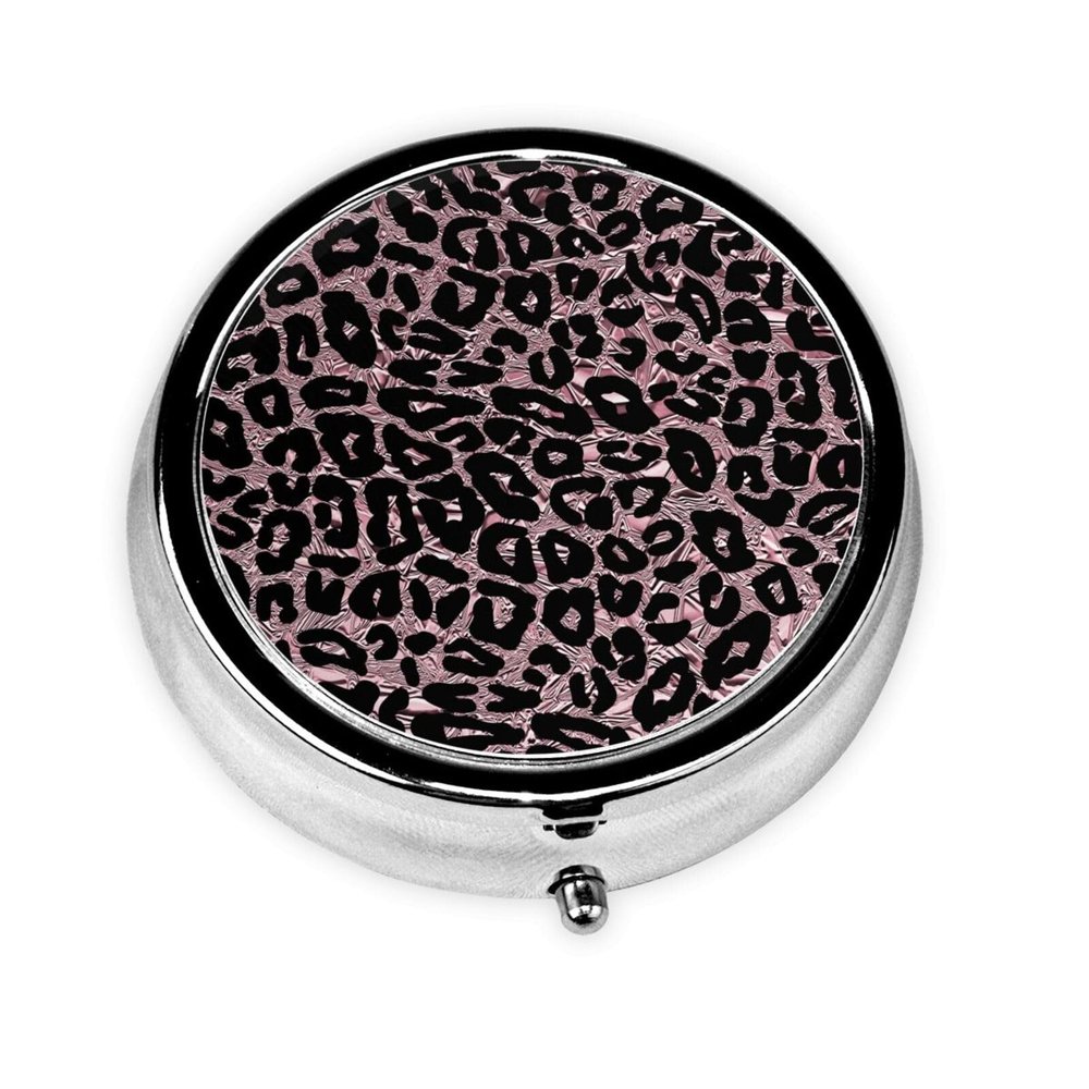 Rose Pink Leopard Print Round Pill Box Small Pill Organizer with 3 Compartments and Mirror, Portable Travel Metal Pill Case Fits in Pocket