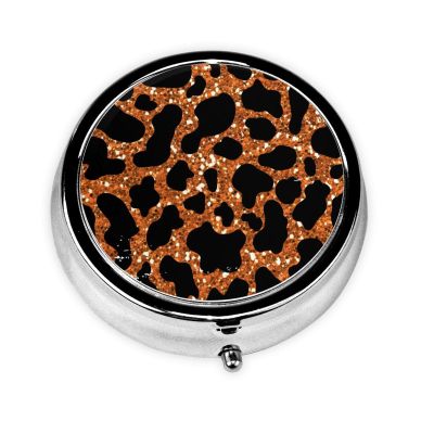 Leopard Print Round Pill Box Small Pill Organizer with 3 Compartments and Mirror, Portable Travel Metal Pill Case Fits in Pocket