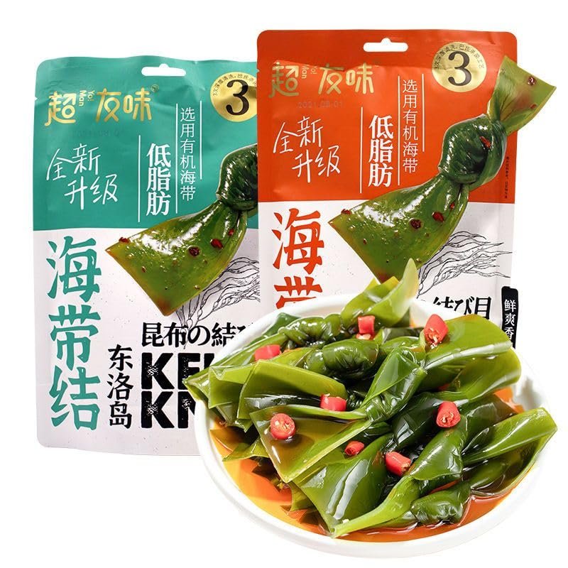 2 flavors of spicy seaweed knots,ready to eat tender seaweed sprouts,spicy strips,Crispy Kelp knot,breakfast side dishes,Snack and SaladvegetarianChili Sauce Pickles (Spicy Kelp,1bag)