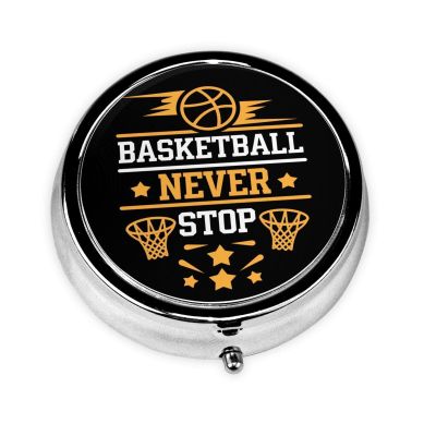 Basketball Never Stop Round Pill Box Small Pill Organizer with 3 Compartments and Mirror, Portable Travel Metal Pill Case Fits in Pocket