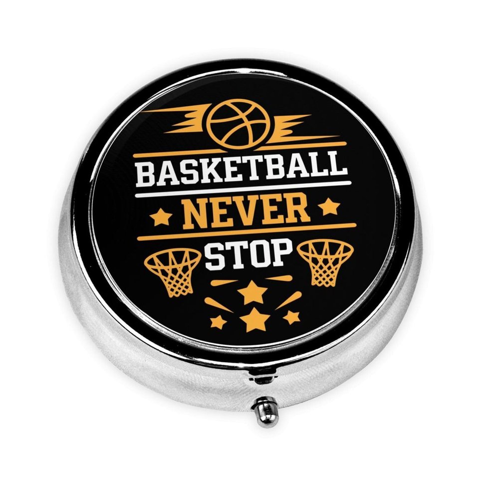 Basketball Never Stop Round Pill Box Small Pill Organizer with 3 Compartments and Mirror, Portable Travel Metal Pill Case Fits in Pocket