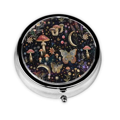 Mushroom Floral Mystical Moth Round Pill Box Small Pill Organizer with 3 Compartments and Mirror, Portable Travel Metal Pill Case Fits in Pocket