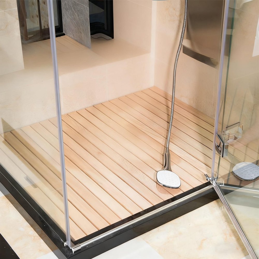 Teak Solid Wood Shower Floor Mat, Square Bath Mats for Non Slip With Drain HoleYard, Non-Slip Wooden Floor Mat, Outdoor Shower Floor for Elderly/Spa(50x85cm/19.7x33.5in)