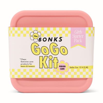 BONKS GoGo Kit - First Period Kit - Tween Period Starter Kit - Emergency Kit for Girls - Essential Hygiene Kit - Includes Pads, Tampons, Underwear & More - S/M (12-14)