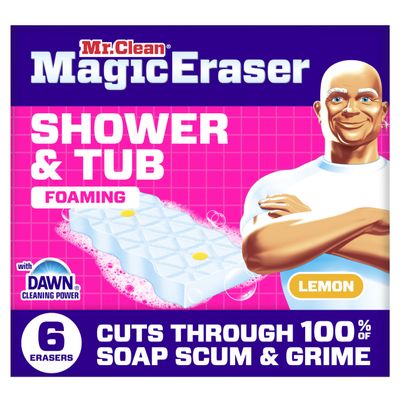 Mr. Clean Magic Eraser Sponge, Bathroom, Shower, Tub Cleaner, Soap Scum Remover, Bathroom Cleaning Supplies, Dawn Cleaning Power with Lemon Scent, Shower & Tub, 6ct