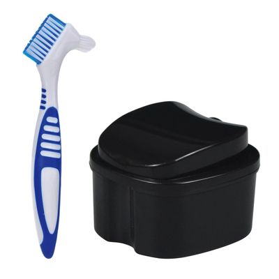 2 Pcs Denture Bath Box Cup - with Denture Cleaning Brush, Portable False Teeth Cleaning Tool, Complete Clean Care for Dentures (Black+Dark Blue, Medium-2B)