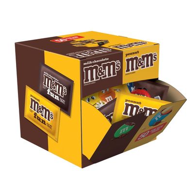 M&M'S Milk Chocolate & M&M'S Peanut Fun Size Candy Individually Wrapped Milk Chocolate Variety Pack Pantry Cube Easy Open and Close Dispenser for Convenient Snacking, 50 Ct Bulk Box