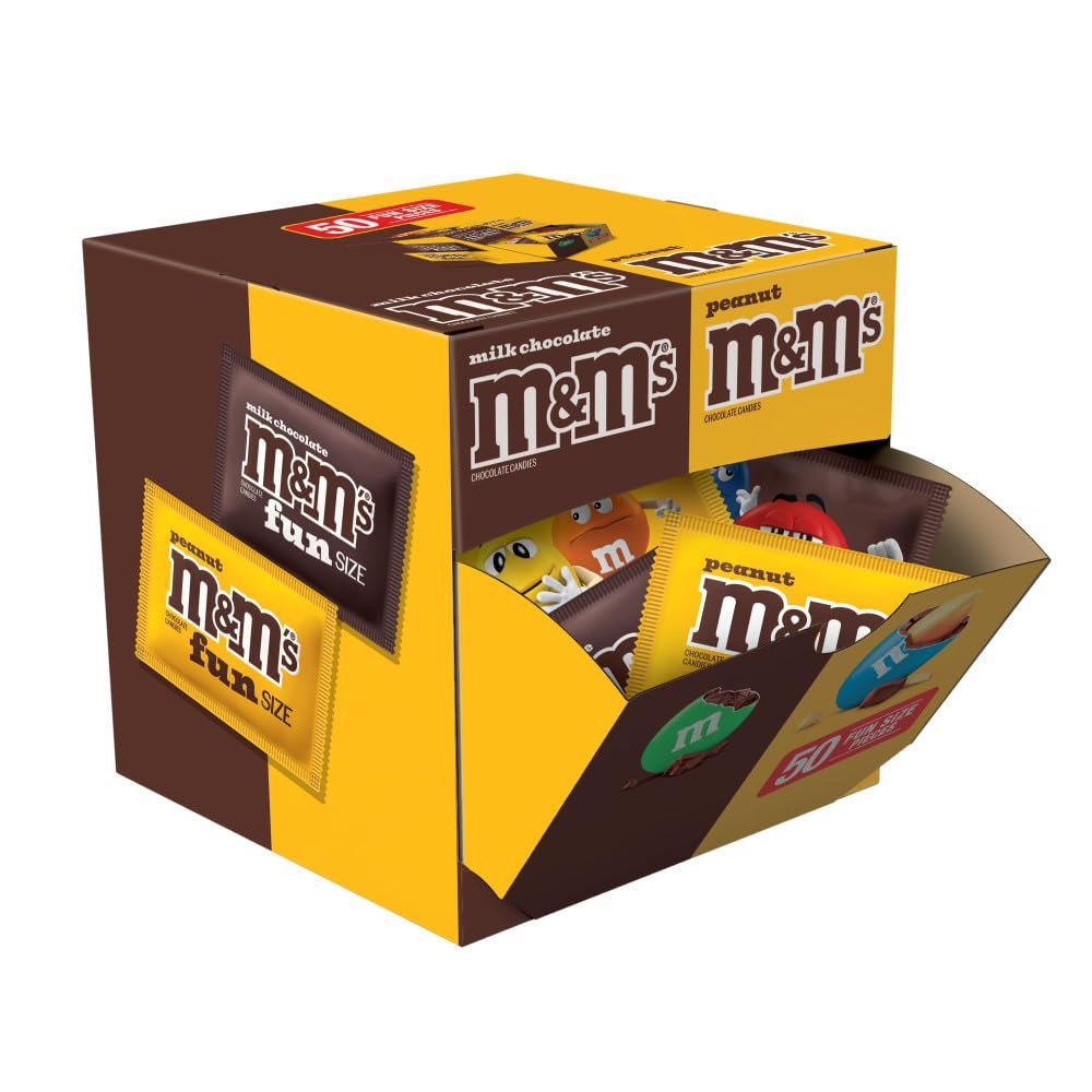 M&M'S Milk Chocolate & M&M'S Peanut Fun Size Candy Individually Wrapped Milk Chocolate Variety Pack Pantry Cube Easy Open and Close Dispenser for Convenient Snacking, 50 Ct Bulk Box