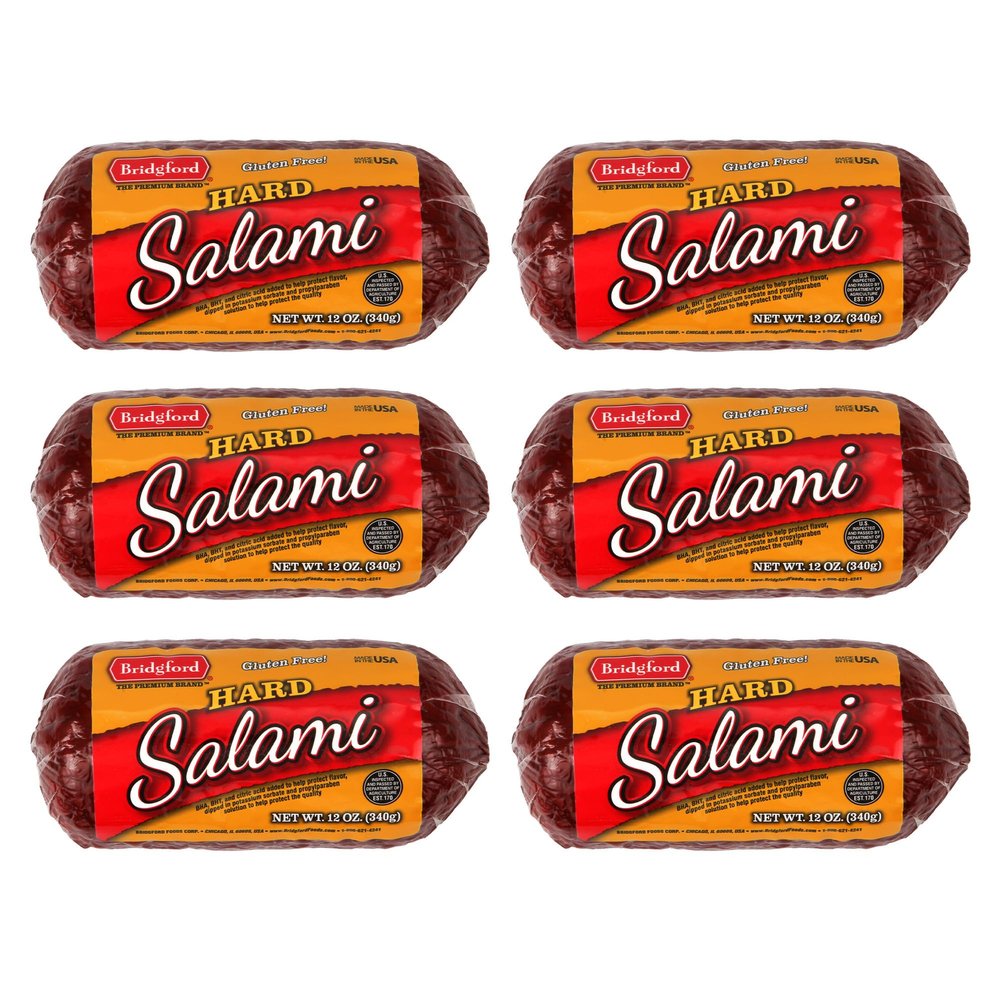 Bridgford Dry Hard Salami 12 oz Pack of 6 - Zero-Carb, Protein-Rich - Naturally Fermented, Shelf-Stable Charcuterie Meat - Ready to Slice & Serve for Sandwiches, Antipasto Platters, or Snacks