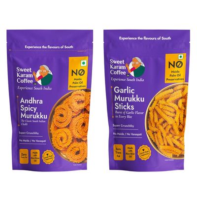 Andhra Spicy & Garlic Murukku Combo | No Palm Oil | No Preservatives | South Indian Chakli | Crispy & Crunchy Tea-Time Snack | Festive Special | Homemade Recipe | 95g x 2 Packs