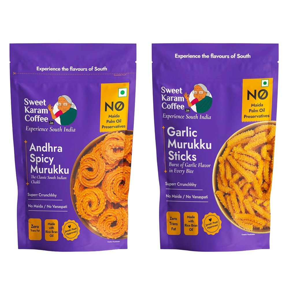 Andhra Spicy & Garlic Murukku Combo | No Palm Oil | No Preservatives | South Indian Chakli | Crispy & Crunchy Tea-Time Snack | Festive Special | Homemade Recipe | 95g x 2 Packs