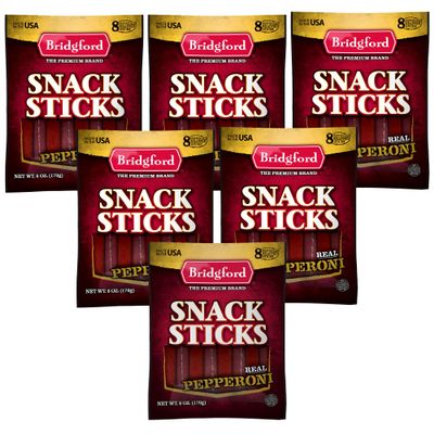 Bridgford Pepperoni Snack Sticks, 6 oz Pack of 6 (8 Sticks per Pack) - Naturally Aged Pepperoni Stick with Bold, Smoky Flavor - High Protein, Low Carb Keto Snacks - Ready-to-Eat for Any Adventure