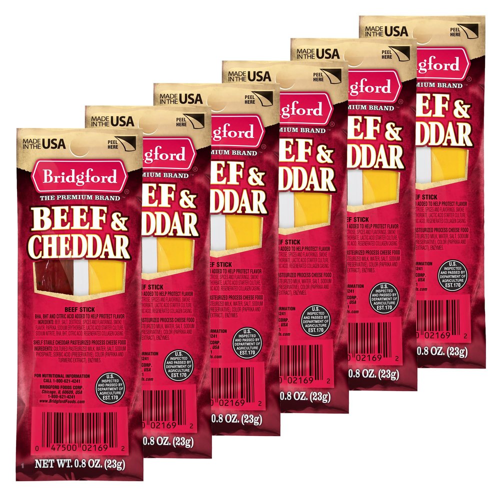 Bridgford Beef & Cheddar Stick Pack of 6 - Savory Beef and Cheese Sticks with Real Cheddar - Shelf Stable - High Protein - Perfect for School, Travel, Work, or On-the-Go Snacks