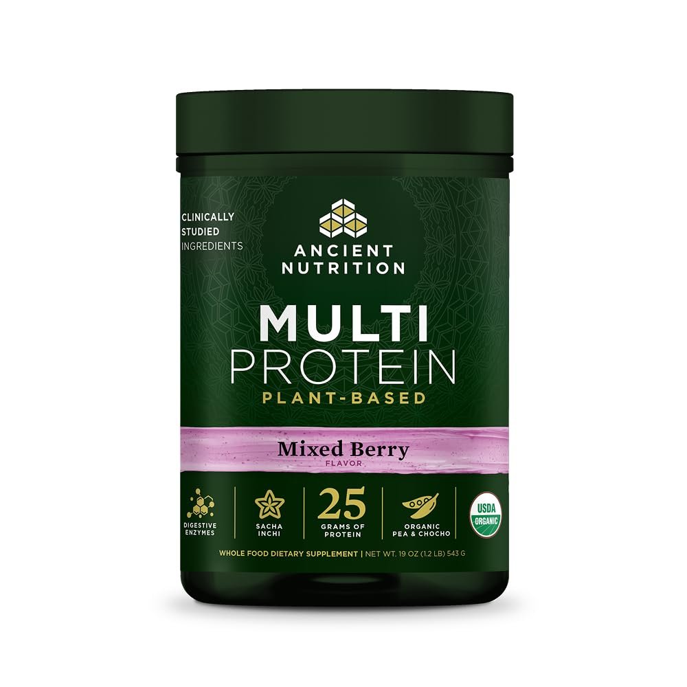 Ancient Nutrition Organic Multi Protein Plant Based Powder, 25g Protein, Hydrolyzed Pea Protein, Digestive Enzymes & Probiotics, Supports Muscle & Gut Health, Mixed Berry, 15 Servings