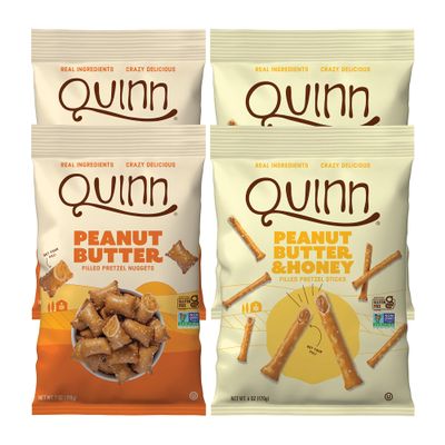 Quinn Snacks Filled Pretzel Sticks & Nuggets Variety Pack - Whole Grain Sorghum, Gluten Free, Non-GMO - Peanut Butter Nuggets 7oz, Peanut Butter & Honey Filled Sticks 6oz (Pack of 4)