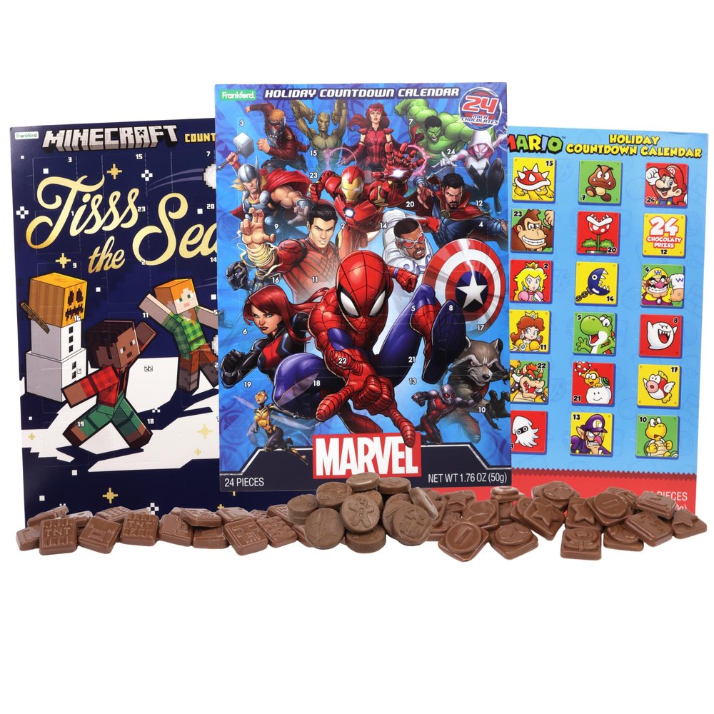 2025 Candy Advent Calendars for Boys, Marvel, Minecraft and Super Mario Bros Themes, Milk Chocolate Holiday Countdown, 24 Days (Pack of 3)