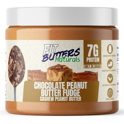 Fit Butters High Protein Naturally Sweetened Cashew Peanut Butter - Added Protein and Coconut Oil, Low Sugar, Complete Protein Dessert Flavored Natural Nut Butter (Chocolate Peanut Butter Fudge)