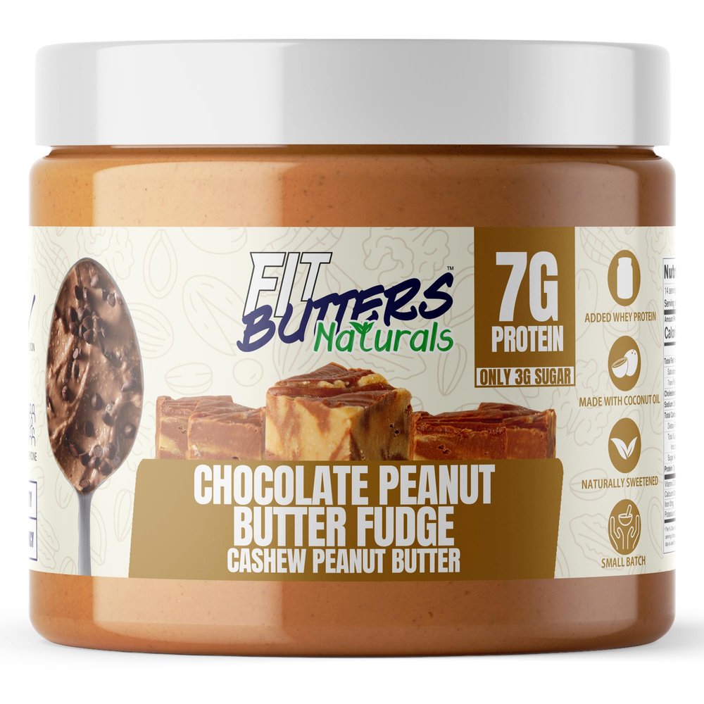 Fit Butters High Protein Naturally Sweetened Cashew Peanut Butter - Added Protein and Coconut Oil, Low Sugar, Complete Protein Dessert Flavored Natural Nut Butter (Chocolate Peanut Butter Fudge)
