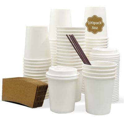 100 Pack Disposable Coffee Cups With Lids straws sleeves Disposable cups Paper Cup Tea Cups for Hot To with lids Cupping set Beverages shop Home Office Party Travel(100, 8, ounces)