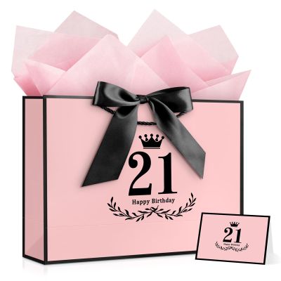 YoungTree 21st Birthday Gift Bag with Tissue Papers and 1 Greeting Card Ribbon, 12.6" x 8.6" x 4.3" Pink Black 21 Year Old Birthday Gifts, Elegant Present Bags for 21st Birthday Decorations Supplies