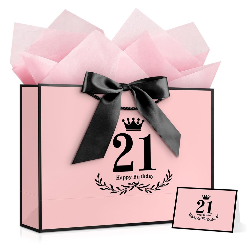 YoungTree 21st Birthday Gift Bag with Tissue Papers and 1 Greeting Card Ribbon, 12.6" x 8.6" x 4.3" Pink Black 21 Year Old Birthday Gifts, Elegant Present Bags for 21st Birthday Decorations Supplies
