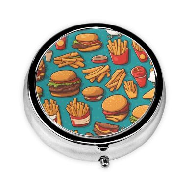 Lots of Cartoon Burger Fries This Small, Round, Three-Compartment Travel Pill Box is Perfect for Storing Daily medications, Vitamins, and on-The-go.