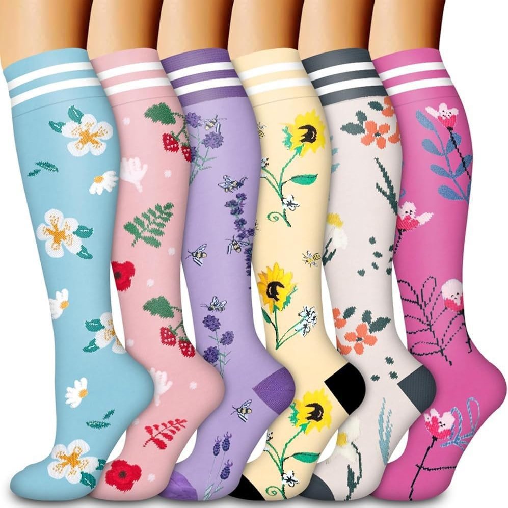 6 Pairs Knee High Graduated Compression Socks For Women and Men - Best Sports, Yoga, Travel & Flight Socks - Running & Fitness 15-20mmhg (New Six 8, S)