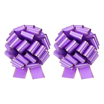 MECCANIXITY 2 Pcs 14 Inch Giant Large Pull Bow Big Metallic Car Bows Ribbon with Gold Edge for Wedding Presents Gift Wrapping Christmas, Purple