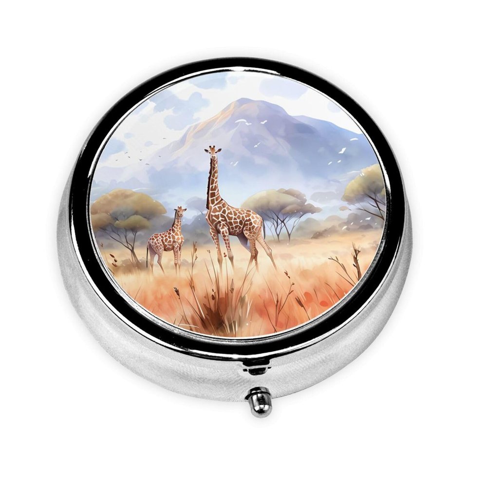 African Savanna Giraffe This Small, Round, Three-Compartment Travel Pill Box is Perfect for Storing Daily medications, Vitamins, and on-The-go.