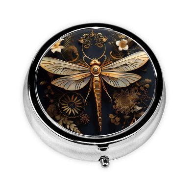 Gold Exquisite Dragonfly This Small, Round, Three-Compartment Travel Pill Box is Perfect for Storing Daily medications, Vitamins, and on-The-go.